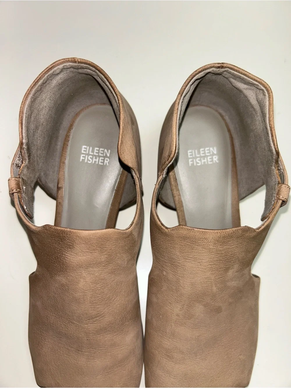 Eileen Fisher Tan Nubuck Peep Toe Cutout Wedge Heel Bootie Sandal